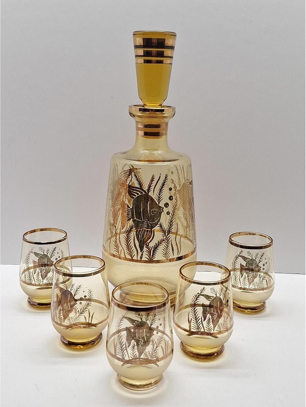 Czech Fish Motif Bohemian Glass Amber Gold Enamel  Decanter Set, 5 Shot Glasses